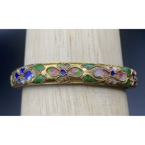 Vintage Cloisonné Bangle Bracelet Blue Gold Floral Motif Enamel Hinged 7"x1/3"w - Picture 2 of 15